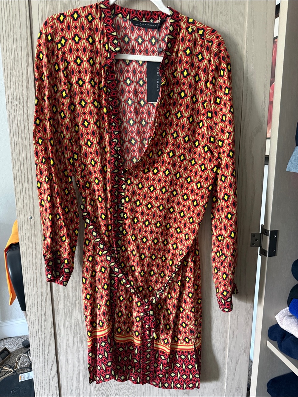 Zara Red and Yellow Geometric Wrap Dress - Long Sleeve